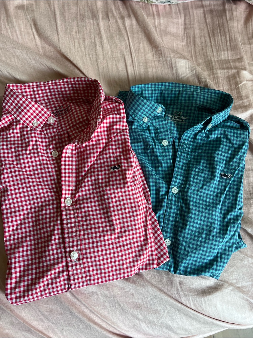 2 Boys Long Sleeve Vineyard Vines Blue and Red Gingham Performance Shirts